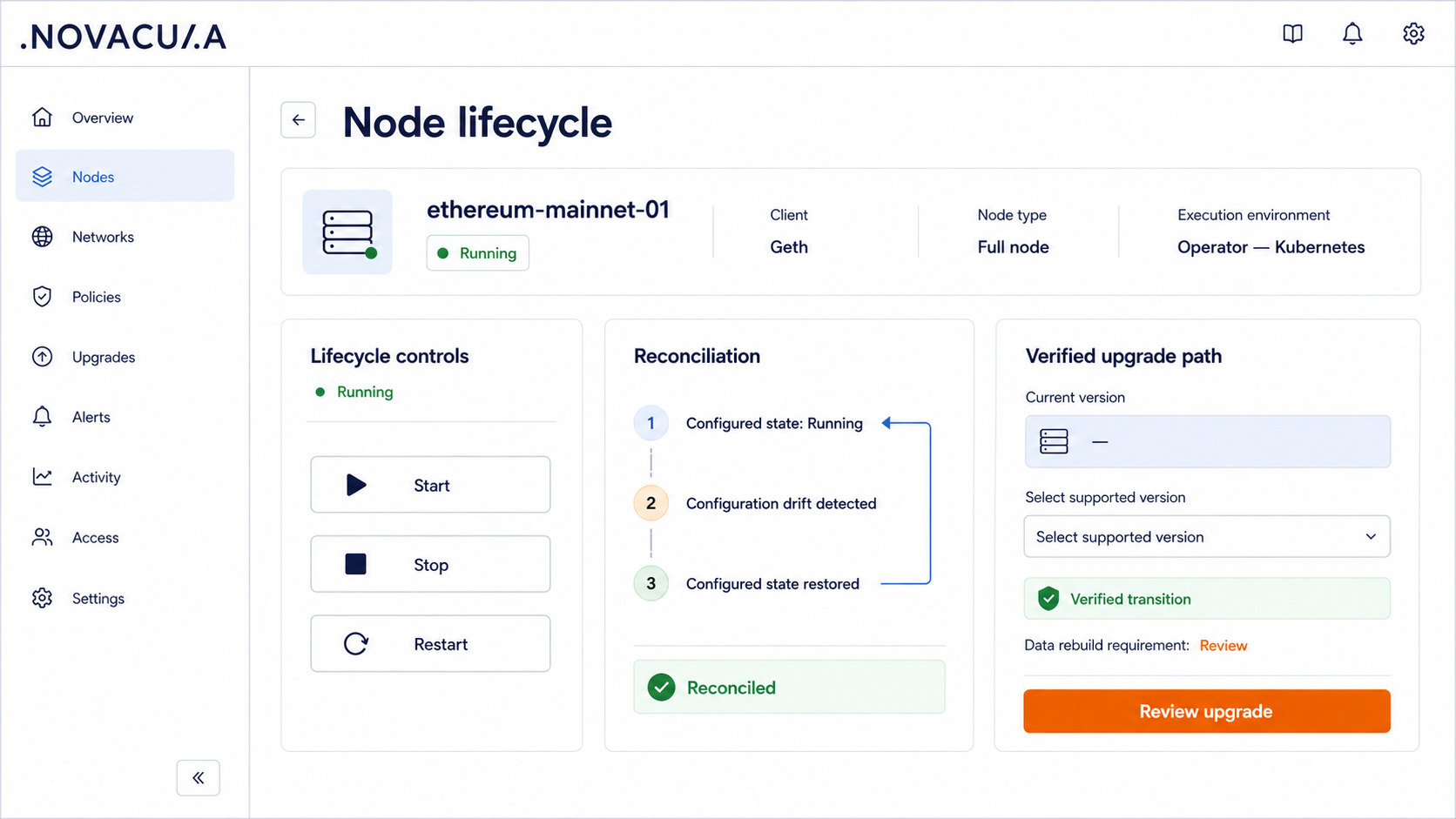 Novacula Node Lifecycle and Verified Upgrade Path